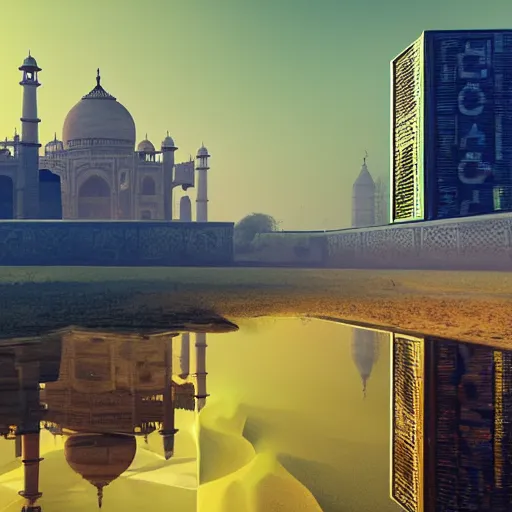 Prompt: taj mahal in cyberpunk futuristic times. 4 k, photorealistic.