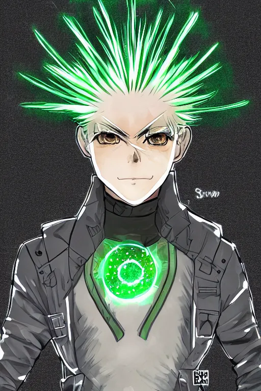 Image similar to nuclear bomb dandelion male anime character, symmetrical, highly detailed, digital art, sharp focus, trending on art station, green eyes, glowing radioactive colours