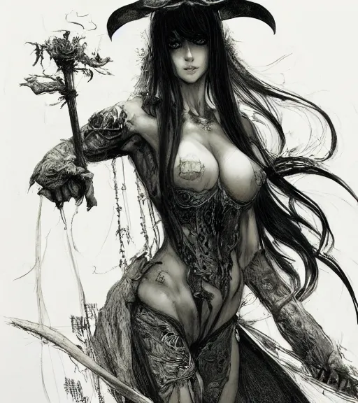 Prompt: portrait of anime succubus with long hair wearing a witch hat, perfect fit and strong body, bat wings, berserk, pen and ink, intricate line drawings, by craig mullins, ruan jia, kentaro miura, greg rutkowski, loundraw, yoshitaka amano