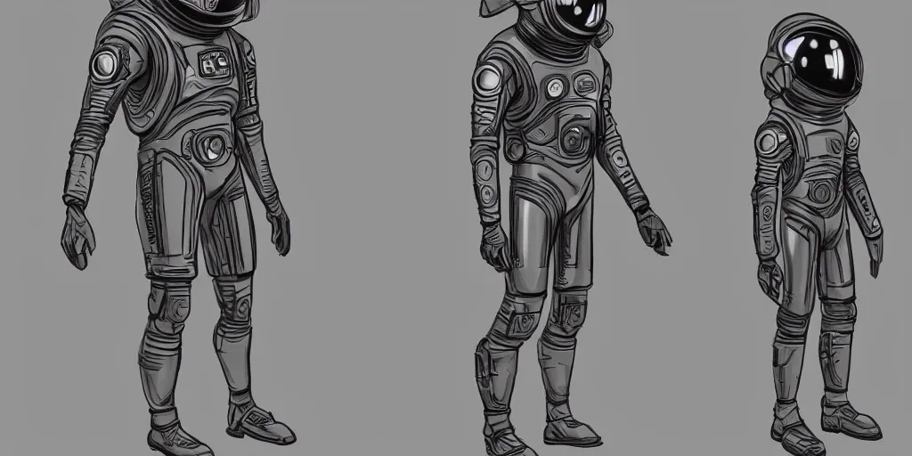 Prompt: male, fully body, science fiction space suit with a helmet, large shoulders, short torso, long thin legs, tiny feet, character sheet, funko, digital sketch, hyperdetailed, dieselpunk, stylized character design, concept design