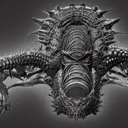 Image similar to cross section anatomy of a black scaled dragon 3D, 8k resolution by H R Giger