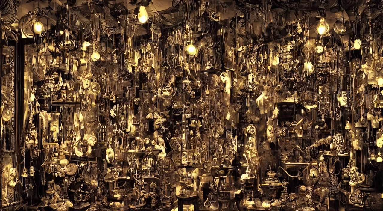 Image similar to steampunk shop window by junji ito, darkness, neon lights, photo realistic, completely filled with interesting oddities, things hanging from ceiling, light bulbs, cinematic