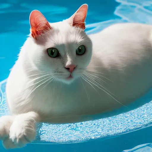 Image similar to white cat with blue eyes on a float in the pool