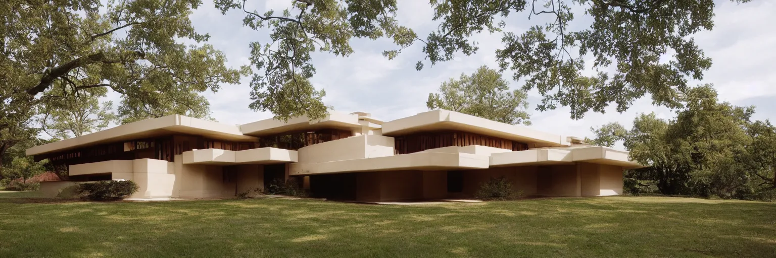 Image similar to midcentury architecture. modernism. wide shot. imagined by frank lloyd wright, photorealistic