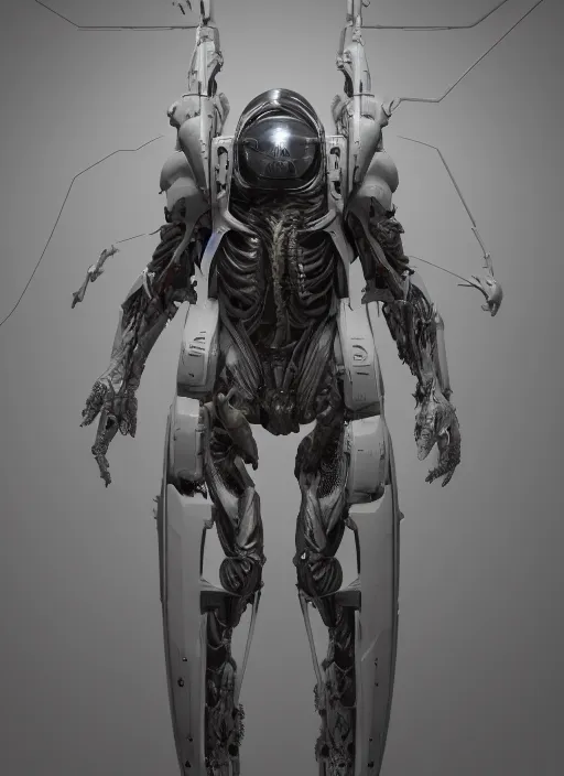 Image similar to a photorealistic dramatic hyperrealistic render of a predator the alien hunter exosuit in white bone armor, ultra realistic details, well worn by paul dave malla, cedric seaut from artstation, beautiful dramatic dark moody tones and lighting, cinematic atmosphere, studio lighting, global illumination, shadows, dark background, concept design art octane render, 8 k