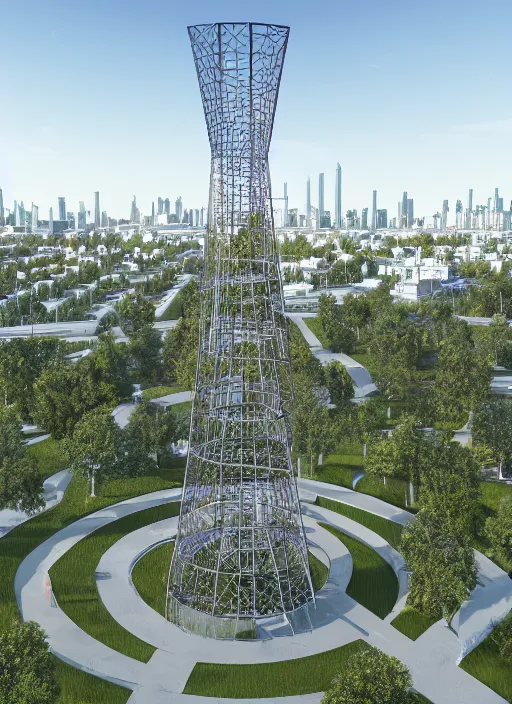 Image similar to highly detailed realistic architecture 3 d render of a stele shukhov tower standing in a city park, archdaily, made in unreal engine 4 octane render