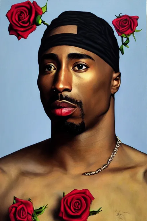 Image similar to Tupac, portrait by Kehinde Wiley!!, roses, artgerm, loish, oil painting,