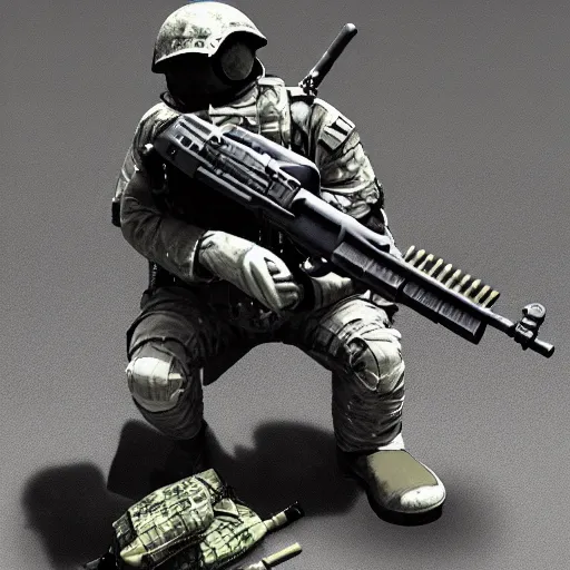 Image similar to « detailed ground drone soldier caring a heavy white gun detailled »