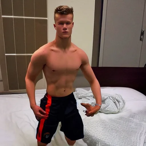 Image similar to “ a realistic detailed photo of a guy who is an attractive humanoid who is half robot and half humanoid, who is a male android, football player christian mccaffrey, shiny skin, posing like a statue, blank stare, on the bed, on display ”