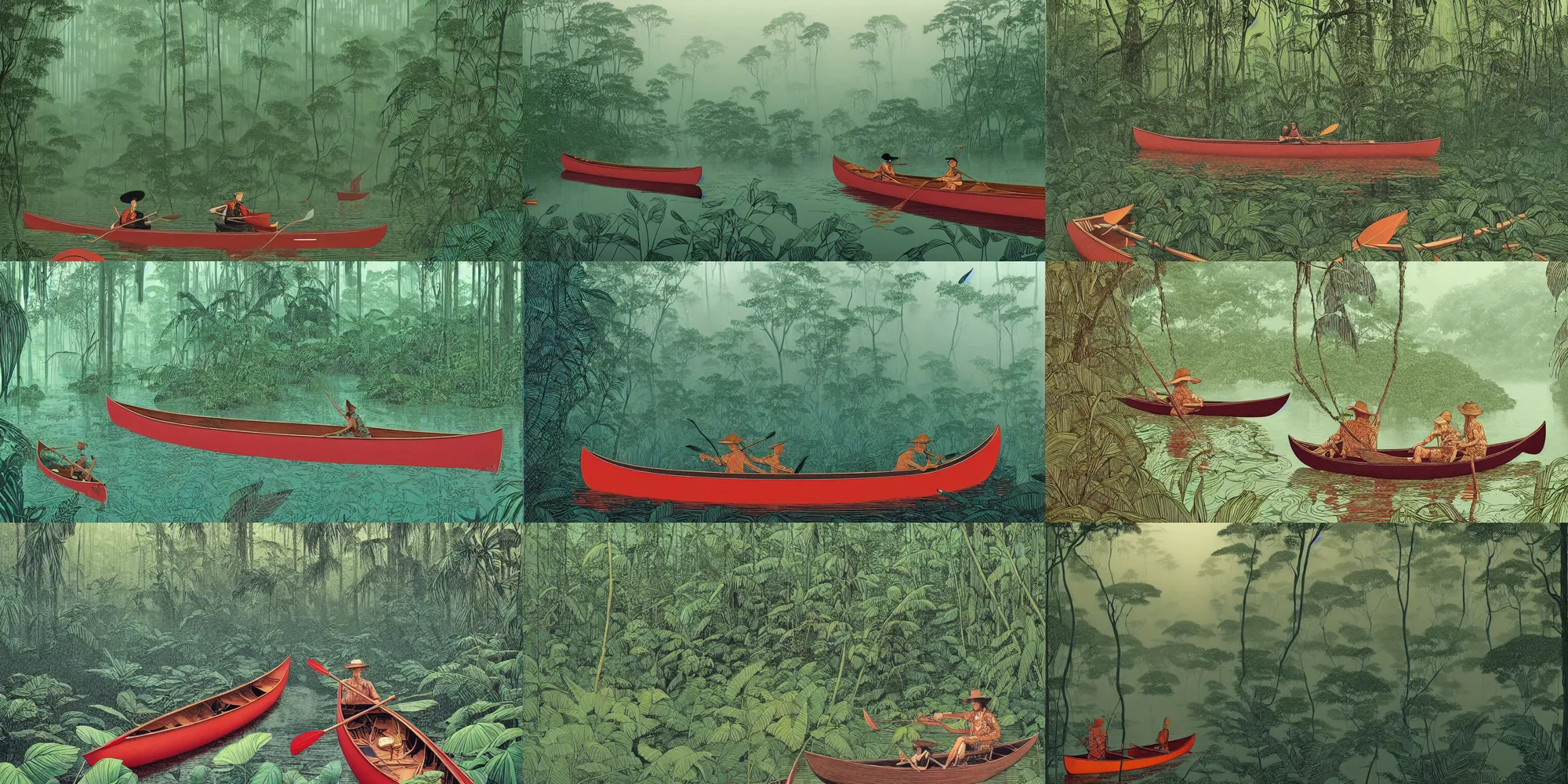 Prompt: canoe on the amazon river, lush jungle, foggy huge forest, by victo ngai, moebius, jean giraud, hyperrealism, intricate detailed