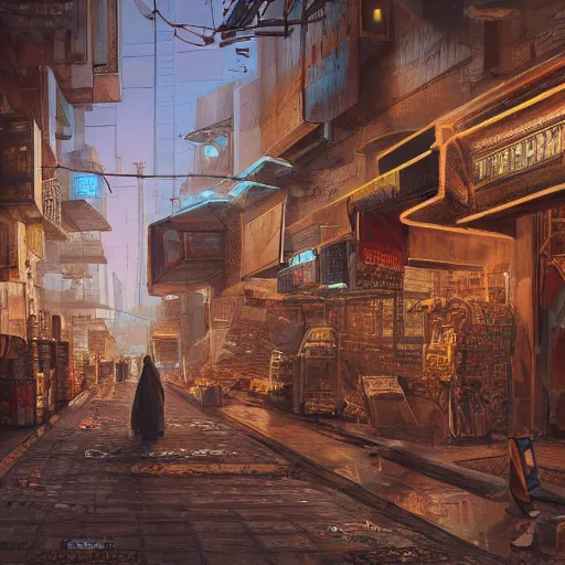 Prompt: detailed painting of a cyberpunk street covered in brown paper bags, majestic solemn ornaments and solemn architecture, artstation, dantom, cinematic, in morocco