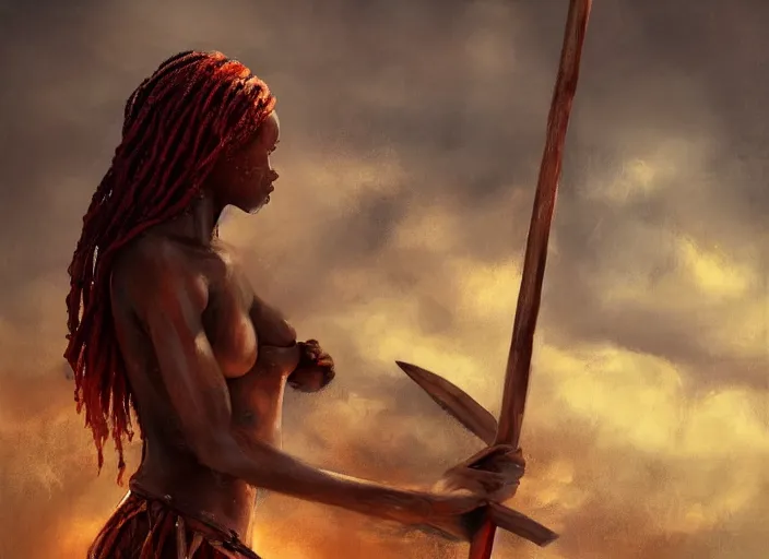 Image similar to landscape, portrait painting beautiful realism, an african girl red hair in wood armor, holding spear, who was sprawled out was about to rise, his face covered in blood. cinematic scene, good lighting, fine art, trending on artstation, smooth draw, sharp focus.