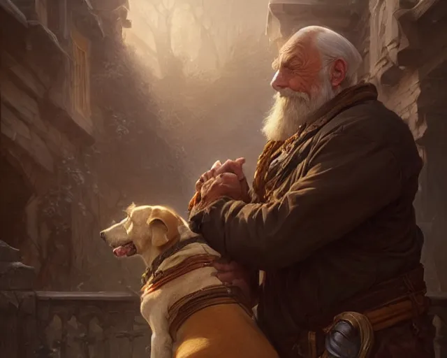 Prompt: old man hugging an old dog, deep focus, d & d, fantasy, intricate, elegant, highly detailed, digital painting, artstation, concept art, matte, sharp focus, illustration, hearthstone, art by artgerm and greg rutkowski and alphonse mucha