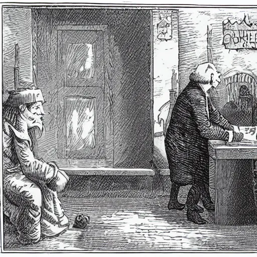 Prompt: Once upon a time—of all the good days in the year, on Christmas Eve—old Scrooge sat busy in his counting-house. It was cold, bleak, biting weather: foggy withal: and he could hear the people in the court outside, go wheezing up and down, beating their hands upon their breasts, and stamping their feet upon the pavement-stones to warm them. The city clocks had only just gone three, but it was quite dark already: it had not been light all day: and candles were flaring in the windows of the neighbouring offices, like ruddy smears upon the palpable brown air. The fog came pouring in at every chink and keyhole, and was so dense without, that although the court was of the narrowest, the houses opposite were mere phantoms. To see the dingy cloud come drooping down, obscuring everything, one might have thought that Nature lived hard by, and was brewing on a large scale.