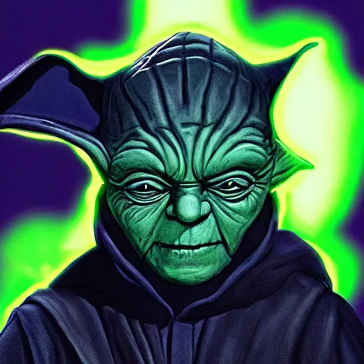 Image similar to darth sidious with the face of yoda. in a hooded black robe. blue lightning coming from fingertips. he has the green face of yoda. lightning shooting from fingers.