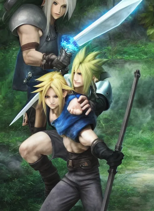 Image similar to cloud from final fantasy 7 and link from zelda fighting in the forest, fantasy, medieval, vivid colors, fantasy, elegant, concept art, sharp focus, beautiful face!!, digital art, hyper - realistic, 4 k, unreal engine, highly detailed, hd, dramatic lighting by brom, trending on artstation