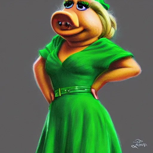 Prompt: miss piggy in the green versace dress, fanart, artstation, detailed, digital art