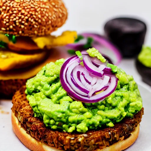 Image similar to juicy vegan hamburger topped with guacamole, fried onion and a vegan fried egg, crispy buns, 8 k resolution, professional food photography, studio lighting, sharp focus, hyper - detailed