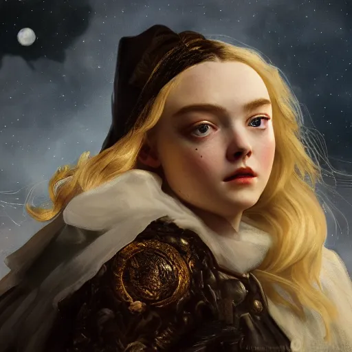 Prompt: leyendecker and peter paul rubens, head and shoulders portrait of a elle fanning in bloodborne, nighttime, starry sky, unreal engine, fantasy art by global illumination, radiant light, detailed and intricate environment