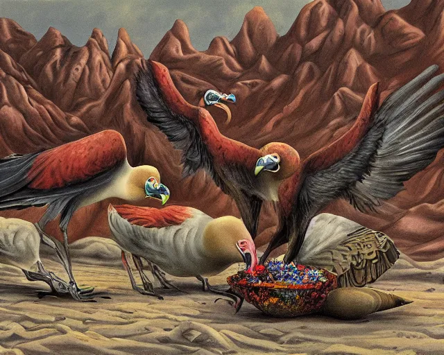 Image similar to cartoonish vultures feeding on carrion in the desert, caricature, surreal, colorful