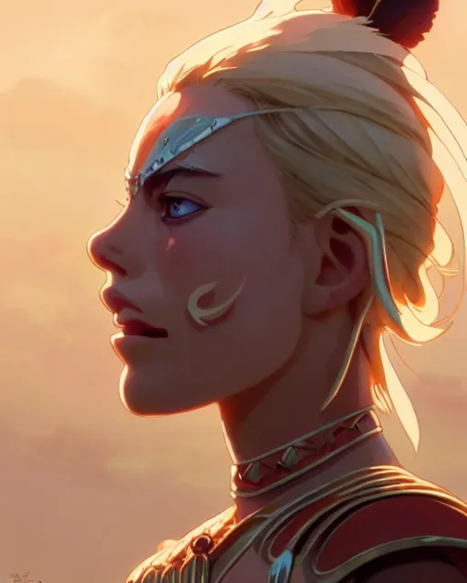 Image similar to azctec warrior, margot robbie, detailed perfect face, exquisite details, fire magic, mid view, design on a white background, by studio muti, greg rutkowski makoto shinkai takashi takeuchi studio ghibli