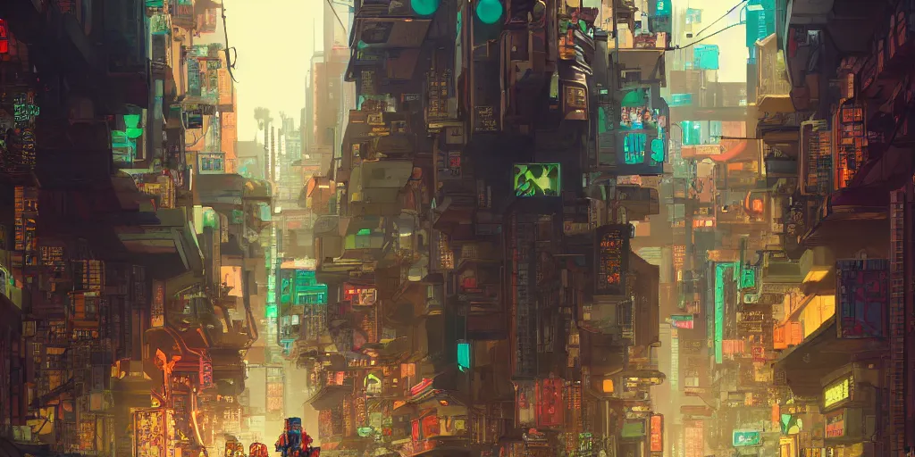 Image similar to a cyberpunk hong kong alley with robots and humans walking around by moebius, pixar color palette, clear details, street level, 8k