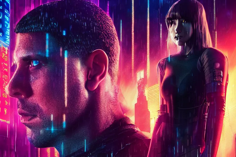 Prompt: 4 k remaster extremely detailed cinematic movie still from blade runner 2 0 4 9 of a japanese cyborg warrior princess in the street, megabuildings, face by artgerm, cyber noir, bokeh, denis villeneuve, rich colors, night, road