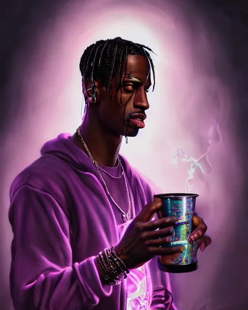 Prompt: travis scott holding cup of codeine, accurate details, detailed face, purple liquid in cup glowing, fantasy, dramatic, intricate, elegant, highly detailed, digital painting, artstation, concept art, smooth, sharp focus, illustration, art by Gustave Dore, octane render