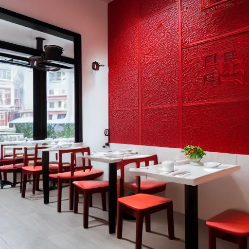 Prompt: a beautiful simple interior render of roasted string hotpot restaurant restaurant yan'an, wall corner, from china, red paper wall and white tile floor, white porcelain table, with merchant logo, fine simple delicate structure, chinese style, simple composition, simple style structure decoration design, victo ngai, 4 k hd