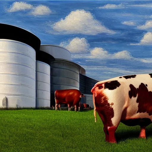 Image similar to exterior view of modern futuristic farm barn architecture, silo, feed troughs, cows, pigs, chickens, detailed luminescent oil painting 4 k