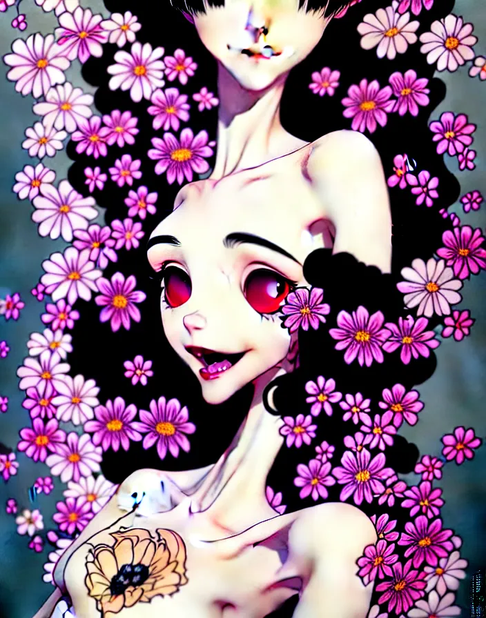 Prompt: portrait of an absurdly graceful, elegant, sophisticated woman wearing emo clothes, covered in flowers, by tex avery, range murata, intricate, beautiful, artstation 8 k