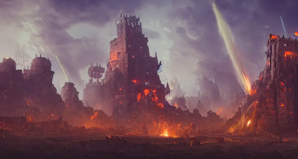 Prompt: five giant and powerful medieval trebuchets in the front, fireing on a medieval fortress far away, destroying the walls, fire and explosion, debris flying around, trending on artstation, style of peter mohrbacher, octane render, unreal engine