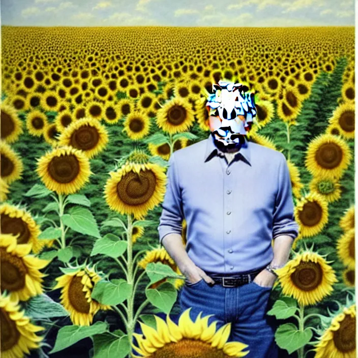 Image similar to photo portrait of Putin in sunflower field, dressed in leisure shirt with ornamental ethereal sunflower pattern, natural skin tone, raging war and explosions in the background, face is naturally detailed, elegant, Realistic, Refined, Highly Detailed, natural soft pastel lighting colors scheme, fine art photography by Cecil Beaton, volumetric lighting, hyper realistic photography