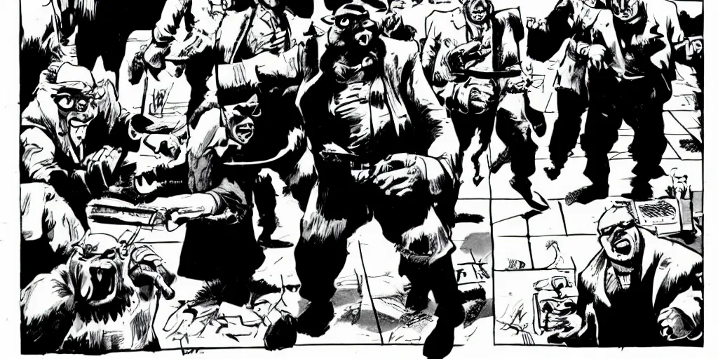 Image similar to style of frank miller, of a group of werebears robbing a bank