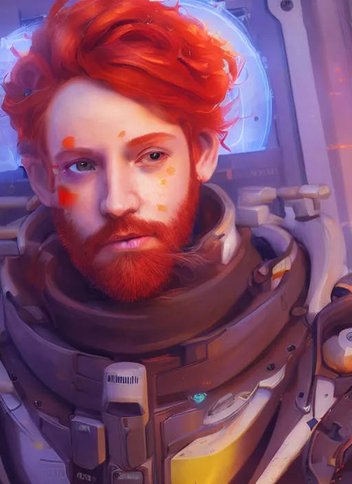 Image similar to cyberpunk portrait of curly orange hair man from overwatch 2, au naturel, hyper detailed, digital art, trending in artstation, cinematic lighting, studio quality, smooth render, unreal engine 5 rendered, octane rendered, art style by klimt and nixeu and ian sprigger and wlop and krenz cushart.