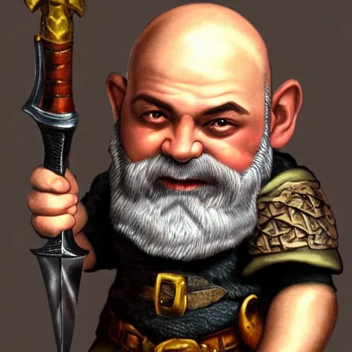 Image similar to bald dwarf with white beard, holding a dagger and bomb, dnd, high detail, fantasy,