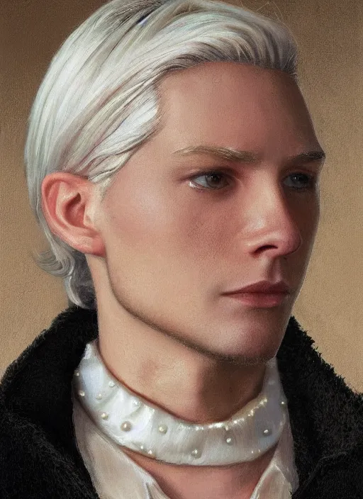 Prompt: close-up portrait of young dreaming pale man, with white hair shoulder length wavy hair, with pearl necklace and pearl earing, in the museum, in white turtleneck shirt, painting in the museum, highly detailed, sharp focus, digital painting, artwork by Kinkade, by Victor Adame Minguez by Tom Lovell by Leyendecker by Sandro Botticelli