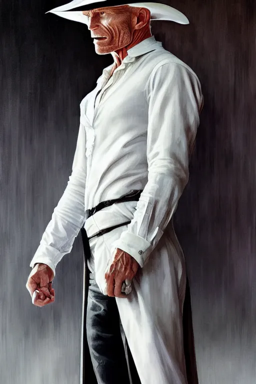 Image similar to ed harris as the man in black, westworld, wearing an all white outfit in the style of art by artgerm and greg rutkowski and alphonse mucha