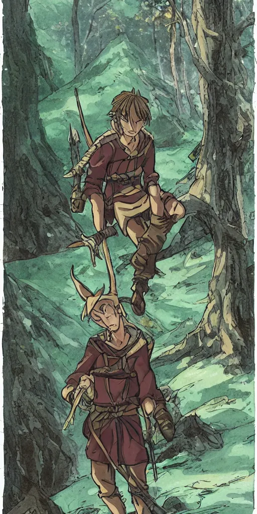 Image similar to an wood elf boy getting ready for an high fantasy adventure on the mountain side, anime style, tarot card,