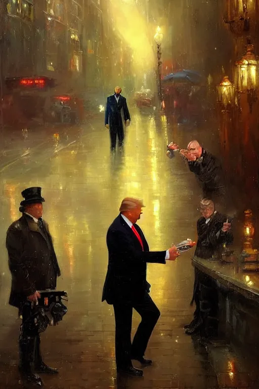 Image similar to donald trump buying drugs from vladimir putin in a dark raining city alley by adrian smith and wlop and vladimir volegov and alexander averin and delphin enjolras