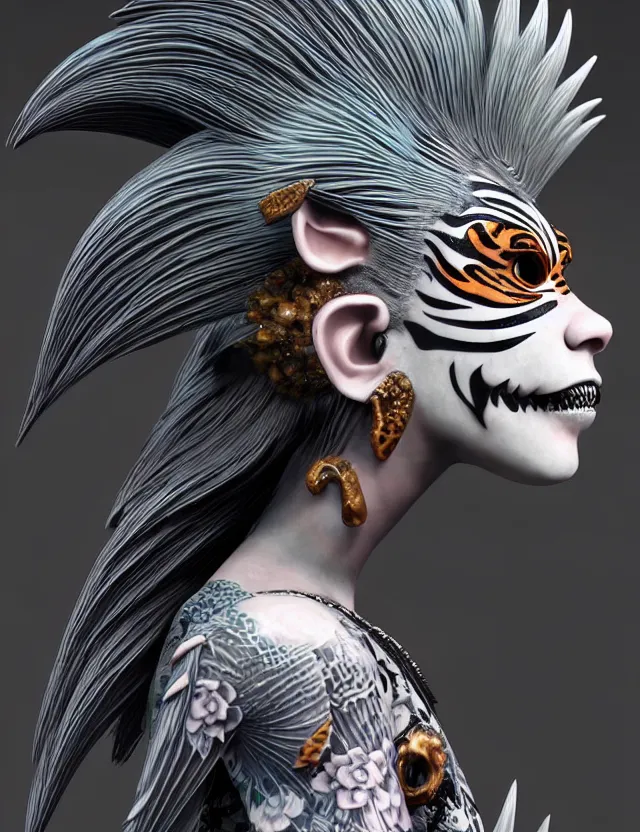 Image similar to 3 d goddess close - up profile simple portrait punk with mohawk with tiger skull. beautiful intricately detailed japanese crow kitsune mask and clasical japanese kimono. betta fish, jellyfish phoenix, bio luminescent, plasma, ice, water, wind, creature, artwork by tooth wu and wlop and beeple and greg rutkowski