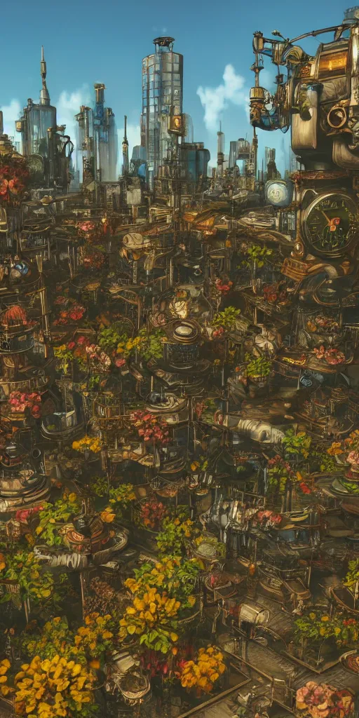 Prompt: technologic city with flowers on a steampunk land by borderlands, smooth, cinematic, wet reflections, ray tracing x, rtx, smooth