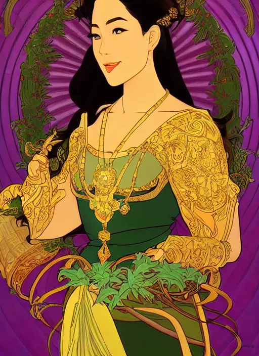 Image similar to well - lit art nouveau portrait of queen sirikrit of thailand, winatural lighting, path traced, real face, thai elegant traditional costume, highly detailed, high quality, cartoon, digital painting, by don bluth and ross tran and studio ghibli and alphonse mucha