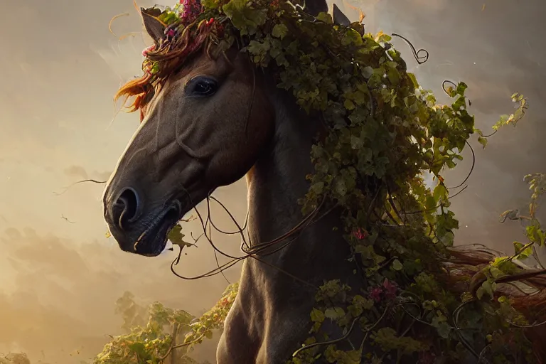 Image similar to a stunning horse with a mane of vines and flowers by greg rutkowski, high key lighting, volumetric light, digital art, highly detailed, fine detail, intricate, ornate, complex, octane render, unreal engine, photorealistic