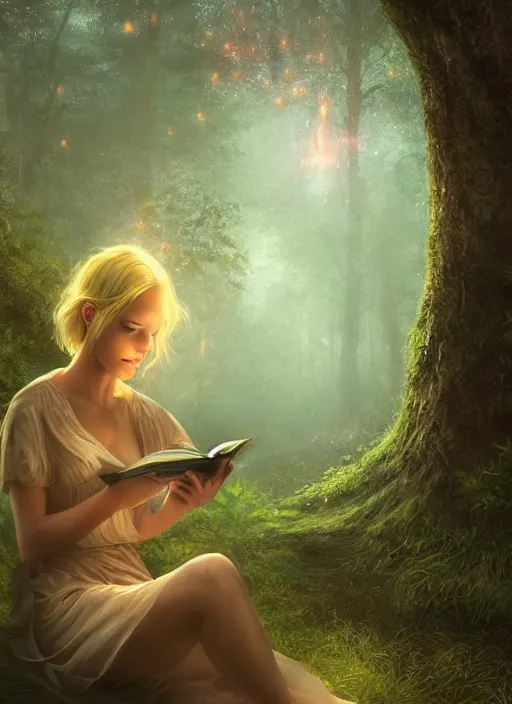 Image similar to portrait, gorgeous blond girl sits cross-legged in mystical misty forest, reading under a tree, fireflies and fairies illuminate the pages, dramatic lighting, cinematic, establishing shot, extremly high detail, foto realistic, cinematic lighting, post processed, concept art, artstation, matte painting, style by eddie mendoza, raphael lacoste, alex ross