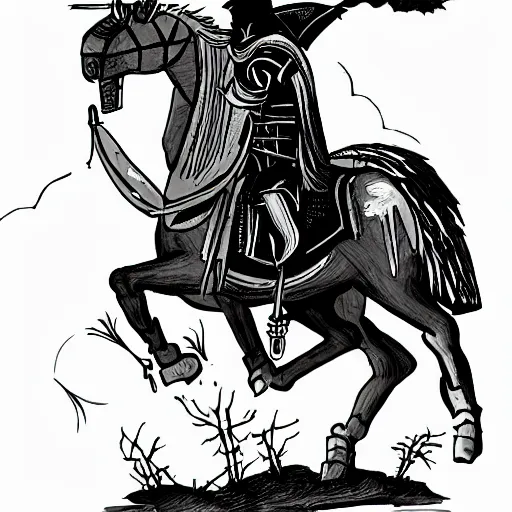 Image similar to mounted knight entering a spooky village