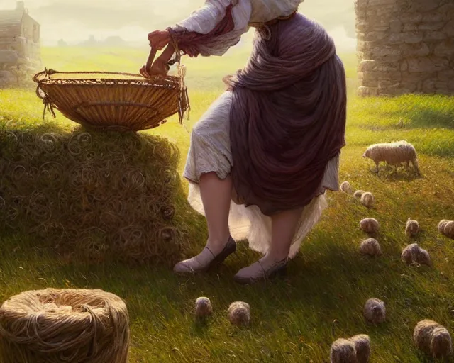 Image similar to a lady spinning wool on an old sheep farm, deep focus, d & d, fantasy, intricate, elegant, highly detailed, digital painting, artstation, concept art, matte, sharp focus, illustration, hearthstone, art by artgerm and greg rutkowski and alphonse mucha