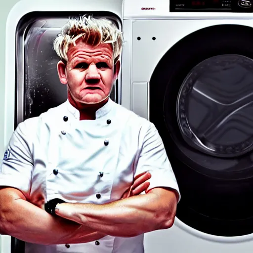 Image similar to angry furious Gordon Ramsay poking his head out of a washing machine and shouting at the camera