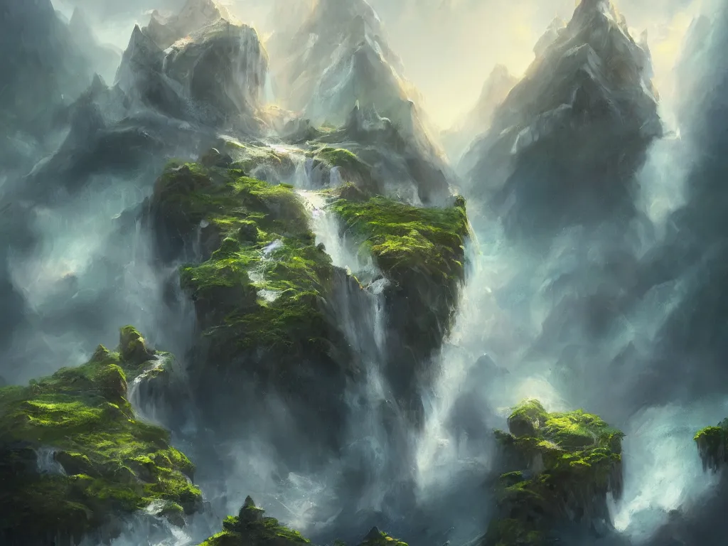 Prompt: A beautiful concept art painting of a giant levitating mountain island with waterfalls falling off its edges, by Natasha Tan, trending on artstation, dramatic lighting
