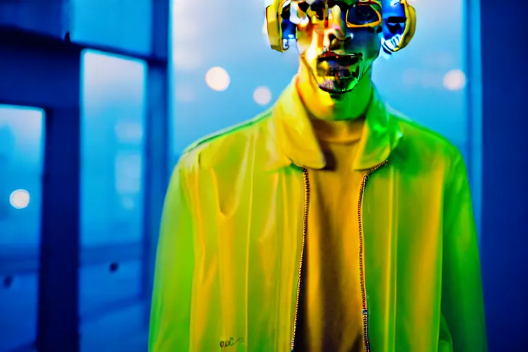 Image similar to a close - up risograph of cyberpunk albinism model men wearing lots of transparent and cellophane accessories, yellow colors, huge earrings and queer make up, blue hour, twilight, cool, portrait, crispy, full - shot, blue sky, kodachrome, photo by mayumi hosokura, style by moebius